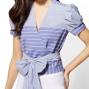 NWT! Blue & White Striped Wrap V-Neck
Puff Sleeves